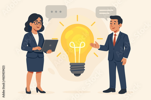 Business idea concept. Professional people discuss strategy. Teamwork, collaboration metaphor. Man and woman with lightbulb. Brainstorming, innovation, creative solution.