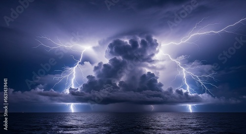 Dramatic lightning strikes illuminate stormy ocean at night