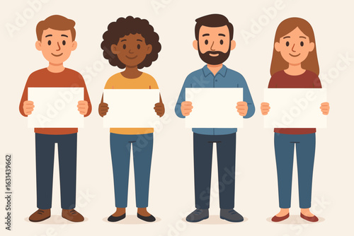 Vector collection of diverse people holding blank signs. Group of cartoon characters with empty white placards for your text. Men and women for protest or announcement.
