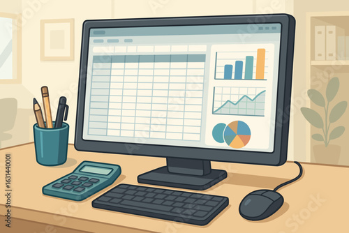 Accounting computer screen with spreadsheet software. Financial data analysis and business report with graphs and charts. Office desktop workspace cartoon vector illustration.