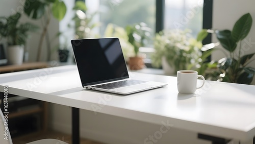 Wallpaper Mural Modern workspace with a laptop on a white desk, accompanied by a cup of coffee and surrounded by green plants. Torontodigital.ca