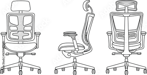 Ergonomic office chair illustration, adjustable headrest, mesh back, armrests, swivel base, rolling wheels, detailed cad drawing, vector design