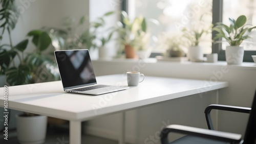 Modern office desk with a laptop, coffee mug, and indoor plants by a window
