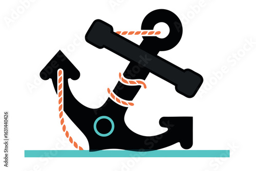 Nautical anchor with rope on turquoise water line Keywords: anchor, nautical, maritime, sea, ocean