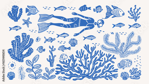 Blue ink illustration of a diver surrounded by fish coral and marine life in an underwater scene art