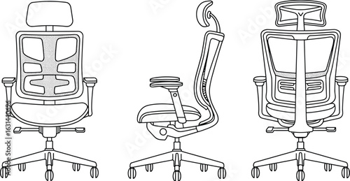Modern ergonomic office chair design, mesh backrest, adjustable armrests, swivel base, rolling wheels, headrest support, cad drawing, vector illustration