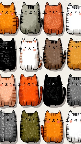Collection of cute cartoon cats in various colors and patterns displayed on a light background