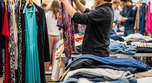 Stylish woman selecting a vibrant patterned top at a bustling clothing swap event for sustainable fashion