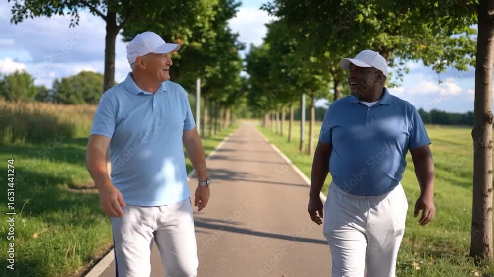 Deux hommes mûrs marchant dans un parc