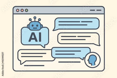 AI chatbot conversation vector illustration. Artificial intelligence robot in web browser window chatting with human. Virtual assistant, online customer support service.