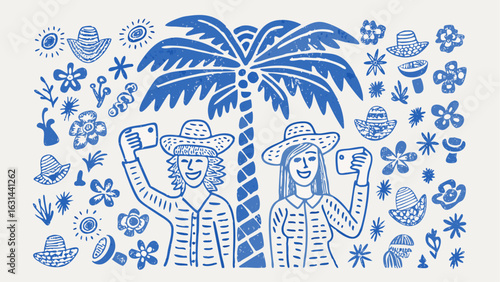 Two women taking selfies under a palm tree surrounded by flowers and hats in a blue doodle style
