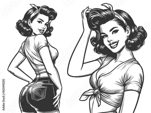 woman wearing a tied crop top, shorts, and a headband, smiling playfully sketch engraving generative ai fictional character vector illustration. Scratch board imitation. Black and white image.