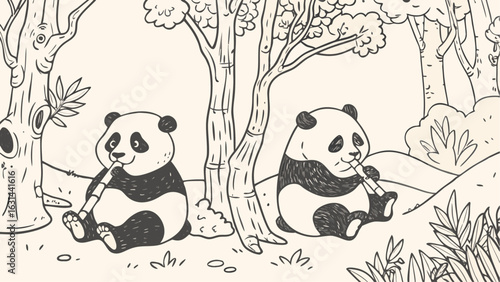 Two pandas sitting under trees playing bamboo flutes in a forest clearing illustration scene