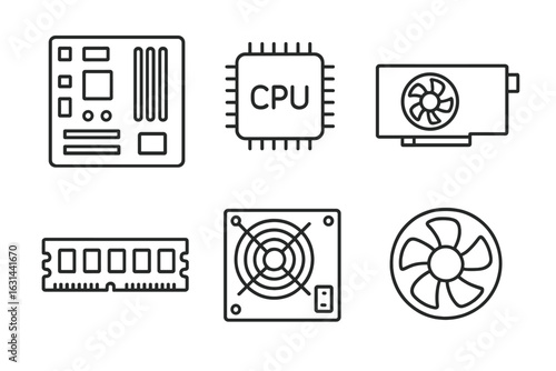 PC hardware components line icon set. Computer parts collection: motherboard, CPU processor, GPU video card, RAM memory, power supply unit, cooler fan vector illustration.