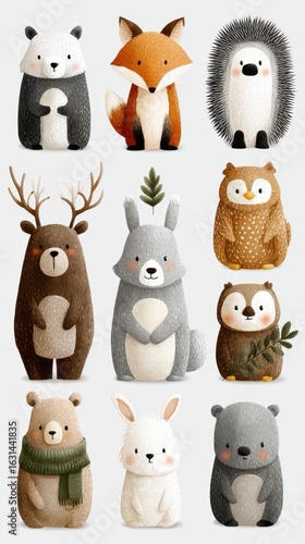 Forest animals gathered together showcasing their unique characteristics in playful and charming representations