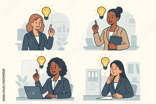 Businesswomen idea lightbulb set. Diverse multiracial entrepreneur characters with new ideas. Corporate professionals thinking, finding solutions and innovation. Vector concept.
