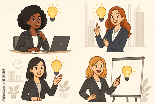 Businesswoman idea concept set. Diverse entrepreneur women characters with lightbulb. Creative office worker thinking, brainstorming, innovation, startup. Vector cartoon illustration.