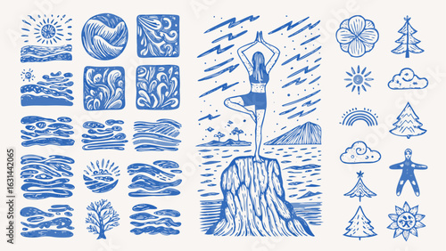 Illustration showcases nature elements with water scenes and a woman in a yoga pose on a rock