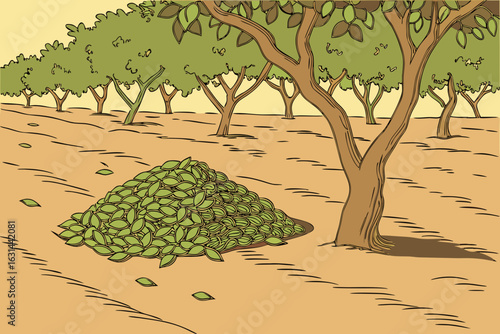 A pile of pistachio shells rests beside a shaded grove in the Central Valley of California, harvested under hot sun.
