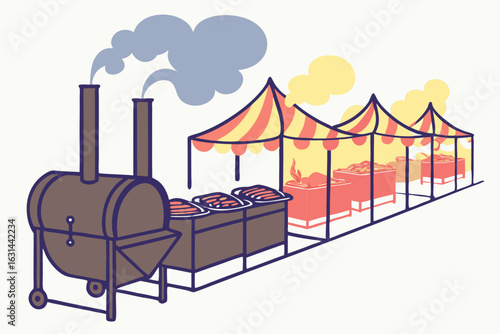 A row of barbecue pits smoking meat outside a championship cook-off in Birmingham.