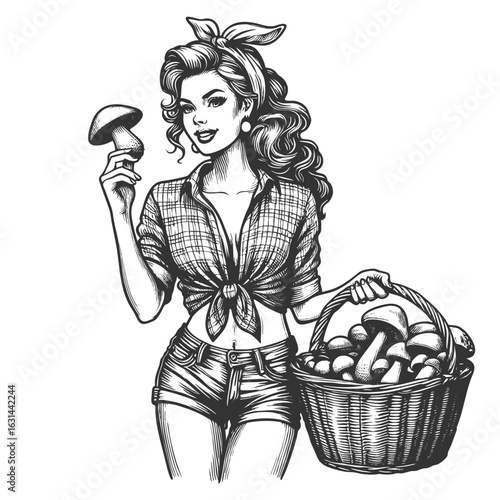 pin-up woman in tied shirt and shorts, holding a large basket full of mushrooms sketch engraving generative ai fictional character vector illustration. Scratch board imitation. Black and white image.