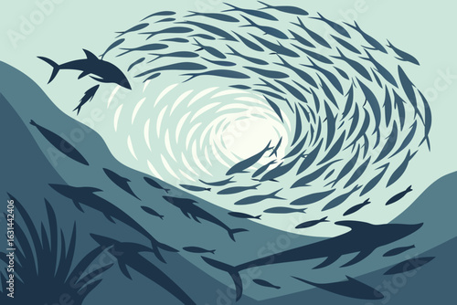 A school of anchovies glistens in a swirling ball off California’s coast, pursued by diving birds and leaping dolphins.