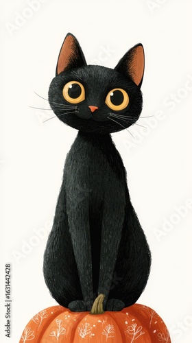 Black cat sits on a pumpkin in a whimsical autumn illustration featuring bright orange and warm colors