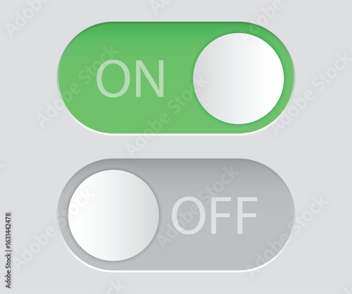 Green and gray toggle switch button set, ON and OFF sliding switch UI element, flat vector design on solid background, perfect for web and mobile interface design, user interaction concept