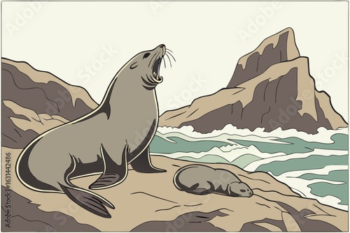A sea lion pup basks in the sun on the rocky shore of San Miguel Island, California, yawning beside its sleeping mother.