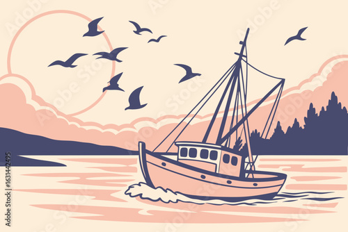 A shrimp trawler heading out from Bayou La Batre at sunrise with gulls trailing behind.