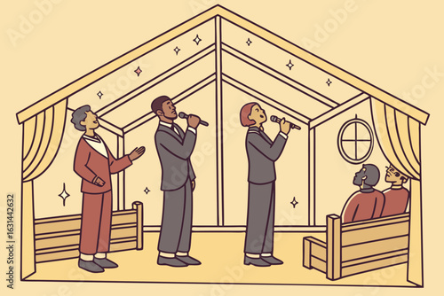 A southern gospel quartet performing at a small-town church revival tent.