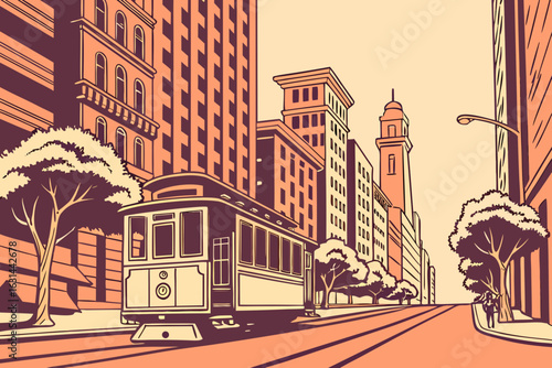 A streetcar glides down Market Street in San Francisco, California, buzzing past commuters and towering buildings.
