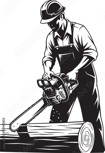Print Vector art of lumberjack cutting a log with a chainsaw, wearing a helmet and uniform