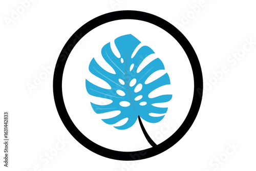 Blue Monstera Leaf Inside Black Circle on White Background plant tropical