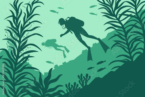 A kelp forest sways off the coast of Catalina Island, California, with scuba divers descending into green-hued underwater groves.