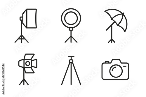 Photography studio equipment line icon set. Vector collection of professional lighting gear for photo and video. Softbox, ring light, umbrella, spotlight, tripod, camera.