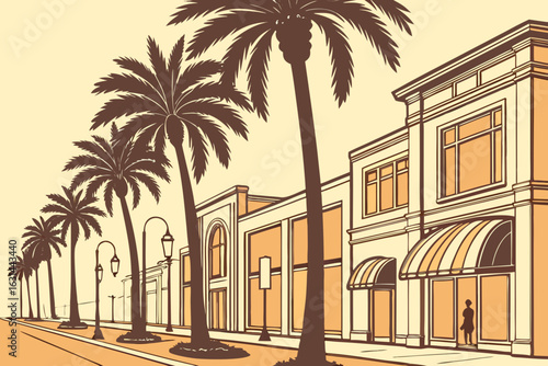 A palm-lined boulevard in Beverly Hills, California, leads to luxury shops and celebrity hotspots under the California sun.
