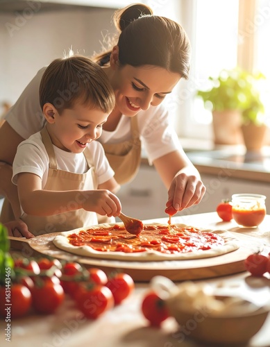 Mom and son making pizza