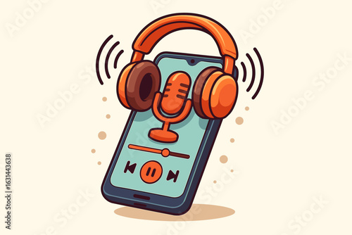 Music streaming on phone concept. Mobile smartphone with podcast, audio or audiobook app. Headphones and microphone for listening and recording. Vector cartoon illustration.