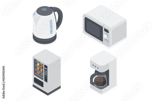 Isometric office kitchen equipment icon set. Flat vector illustration collection of breakroom appliances like a coffee maker, microwave, electric kettle, and a food vending machine.
