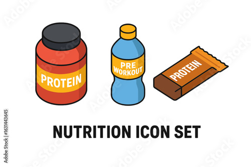 Nutrition icon set with protein powder jar, pre-workout drink, and protein bar. Isometric flat vector illustration for sports, fitness, and bodybuilding supplements.