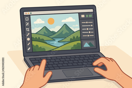 Photo editing on laptop computer with photo editor software interface. Graphic designer hands retouching beautiful landscape. Digital art creation and workflow concept vector.
