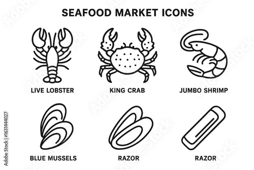 Seafood market outline icons set. Vector line art collection of fresh marine food ingredients. Includes live lobster, king crab, jumbo shrimp, blue mussels, razor clam.