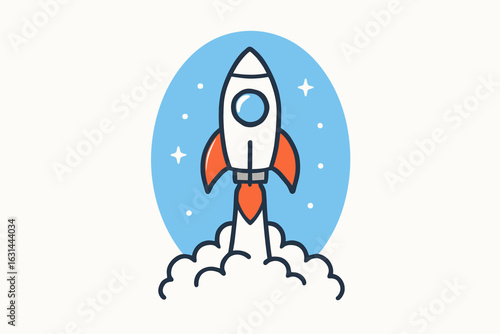 Startup rocket launch concept. Space shuttle flying up. Metaphor for business success, growth, boost and mission. Flat design cartoon vector illustration on white background.