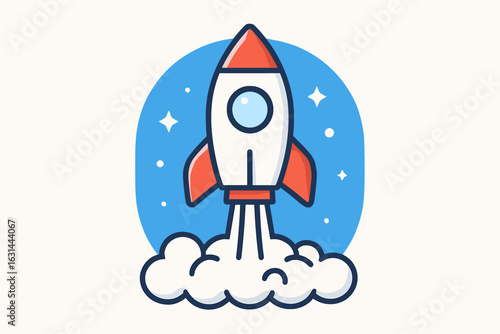 Rocket ship launch icon. Startup business concept. Project start. Liftoff. Boost. Success. Mission. Goal. Future. Space travel. Exploration. Technology. Spaceship cartoon.
