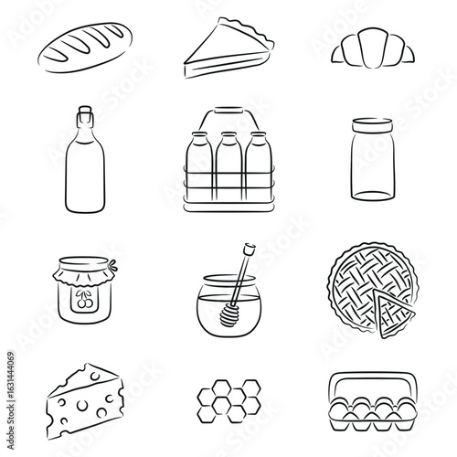 Line Art Farm Food Icons, Bread, Cake, Croissant, Milk, Jam, Cheese, Eggs, Honey, Pie
