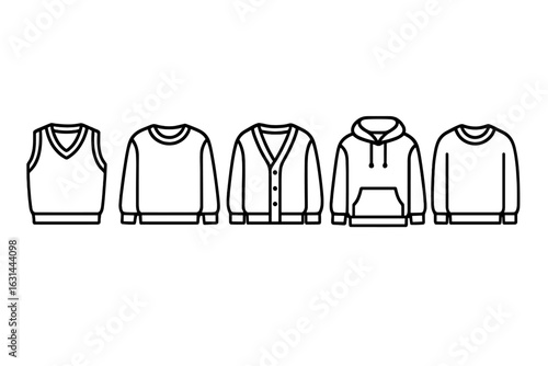 Clothing line icons set. Fashion apparel. Sweater, hoodie, cardigan, pullover, sweatshirt, knitwear, vest. Vector outline illustration. Garment graphic symbols. Casual wear.