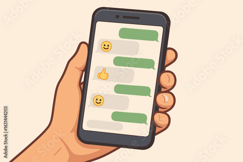 Hand holding smartphone showing a text message conversation. Mobile phone screen with chat bubbles and emojis. Online communication, social media app, texting concept vector.