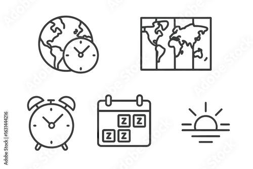 Time zone icon set. World clock and global time management icons. Vector outline symbols for timezone map, alarm clock, calendar schedule, jet lag, and sunrise illustration.