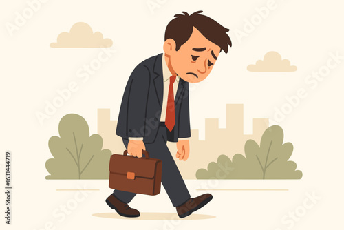 Sad tired businessman character walking home from work. Unemployed man, office worker fired. Stress, failure, burnout, depression concept. Financial crisis vector cartoon.